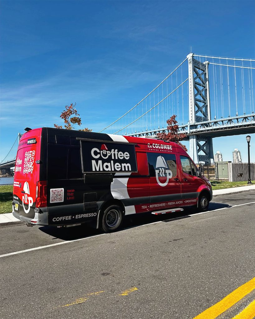 Coffee Malem coffee truck parked near the Benjamin Franklin Bridge.